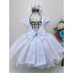 Vestido Infantil Branco Peito Nervura Cinto Strass e Pérolas