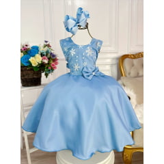 Vestido Infantil Frozen Aplique Laço Luxo Festa de Princesas