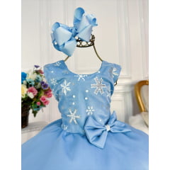 Vestido Infantil Frozen Aplique Laço Luxo Festa de Princesas
