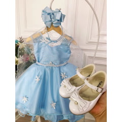 Vestido Infantil Azul Flocos de Gelo Com Capa Luxo Festas de Princesas