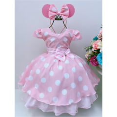 Vestido Infantil Minnie Rosa Bolinhas C/ Tiara Luxo
