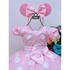 Vestido Infantil Minnie Rosa Bolinhas C/ Tiara Luxo