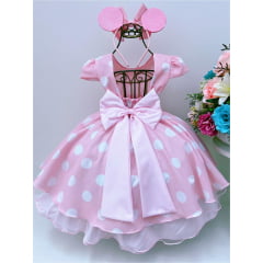 Vestido Infantil Minnie Rosa Bolinhas C/ Tiara Luxo