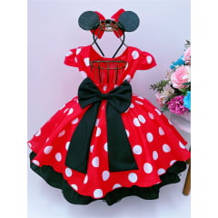 Vestido Infantil Minnie Vermelho Bolinhas C/ Tiara e Laço