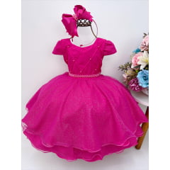 Vestido Infantil Pink Peito Nervura Cinto de Pérolas
