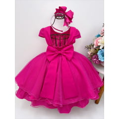 Vestido Infantil Pink Peito Nervura Cinto de Pérolas