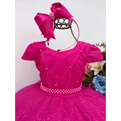 Vestido Infantil Pink Peito Nervura Cinto de Pérolas