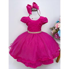 Vestido Infantil Pink Peito Nervura Cinto Strass e Pérolas