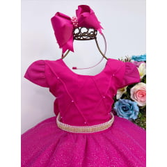 Vestido Infantil Pink Peito Nervura Cinto Strass e Pérolas