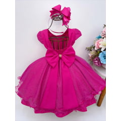 Vestido Infantil Pink Peito Nervura Cinto Strass e Pérolas