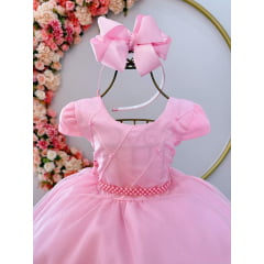 Vestido Infantil Rosa Busto Nervura Cinto de Pérolas Festa