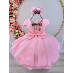 Vestido Infantil Rosa Busto Nervura Cinto de Pérolas Festa