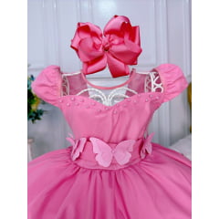 Vestido Infantil Rosa Chiclete C/ Aplique Borboletas Pérolas