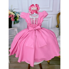 Vestido Infantil Rosa Chiclete C/ Aplique Borboletas Pérolas