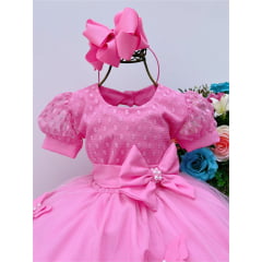 Vestido Infantil Rosa Chiclete C/ Borboletas Pérolas