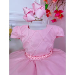 Vestido Infantil Rosa Peito Nervura Cinto de Pérolas Strass