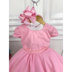 Vestido Infantil Rosa Peito Nervura Cinto de Pérolas Strass