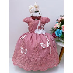 Vestido Infantil Rosé C/ Borboletas Bordado Pérolas