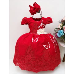 Vestido Infantil Vermelho C/ Borboletas Bordado Pérolas