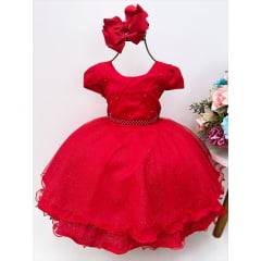 Vestido Infantil Vermelho Peito Nervura Cinto de Pérolas