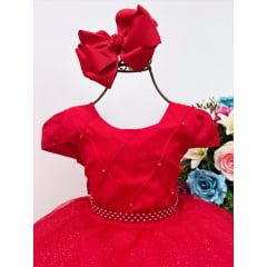Vestido Infantil Vermelho Peito Nervura Cinto de Pérolas