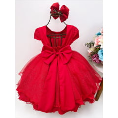 Vestido Infantil Vermelho Peito Nervura Cinto de Pérolas