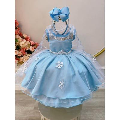 Vestido Infantil Azul Frozen Elsa Gelo C/ Capa de Luxo Vestido Infantil Azul Frozen Elsa Gelo C/ Capa de Luxo
