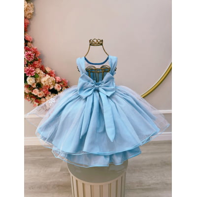 Vestido Infantil Azul Frozen Elsa Gelo C/ Capa de Luxo