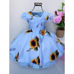 Vestido Infantil Azul Girassol Flores Luxo Princesas Festas