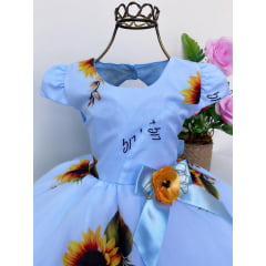 Vestido Infantil Azul Girassol Flores Luxo Princesas Festas