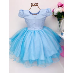 Vestido Infantil Azul Princesas Tule e Pérolas Aniversário