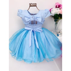 Vestido Infantil Azul Princesas Tule e Pérolas Aniversário