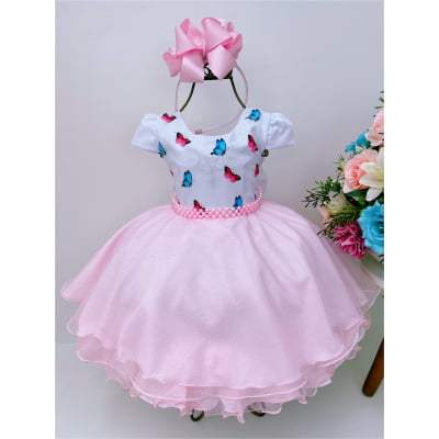 Vestido Infantil Branco Com Strass e Borboletas Luxo