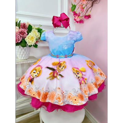 Vestido Infantil Patrulha Canina C/ Cinto de Pérolas Strass