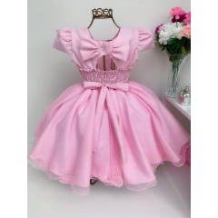 Vestido Infantil Rosa Princesas Tule e Pérolas Aniversário