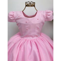 Vestido Infantil Rosa Princesas Tule e Pérolas Aniversário