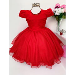 Vestido Infantil Vermelho Princesa Tule e Pérola Aniversário