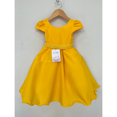 Vestido Infantil Amarelo Luxo, em Poliéster, com Pérolas e Strass Vestido de Festa