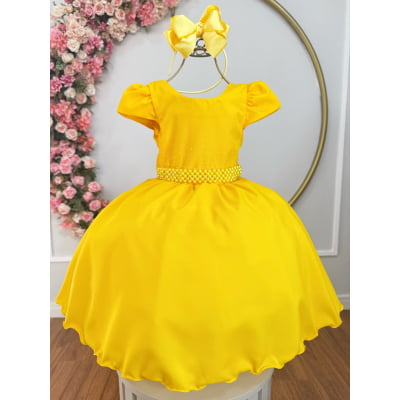 Vestido Infantil Amarelo Luxo, em Poliéster, com Pérolas e Strass Vestido de Festa Vestido Infantil Amarelo Luxo, em Poliéster, com Pérolas e Strass Vestido de Festa