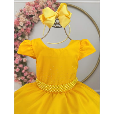 Vestido Infantil Amarelo Luxo, em Poliéster, com Pérolas e Strass Vestido de Festa