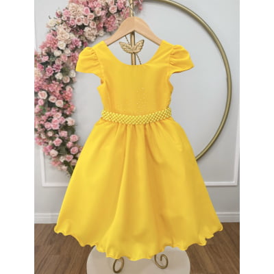Vestido Infantil Amarelo Luxo, em Poliéster, com Pérolas e Strass Vestido de Festa