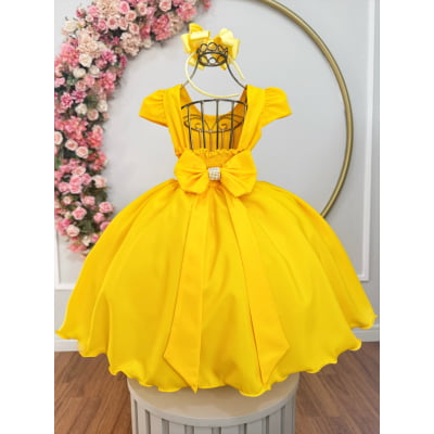 Vestido Infantil Amarelo Luxo, em Poliéster, com Pérolas e Strass Vestido de Festa