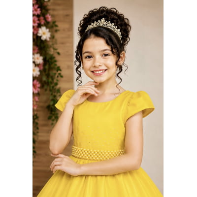 Vestido Infantil Amarelo Luxo, em Poliéster, com Pérolas e Strass Vestido de Festa