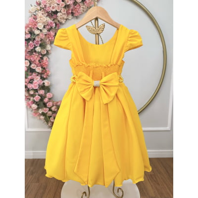 Vestido Infantil Amarelo Luxo, em Poliéster, com Pérolas e Strass Vestido de Festa