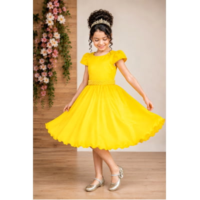 Vestido Infantil Amarelo Luxo, em Poliéster, com Pérolas e Strass Vestido de Festa