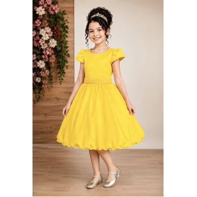 Vestido Infantil Amarelo Luxo, em Poliéster, com Pérolas e Strass Vestido de Festa