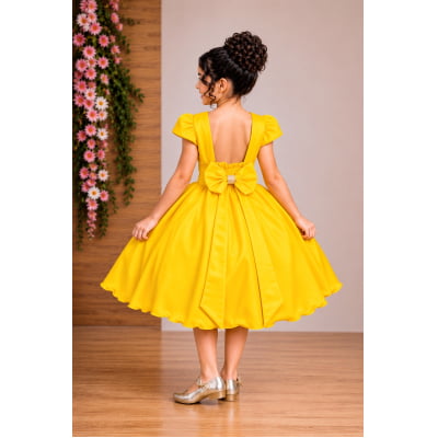 Vestido Infantil Amarelo Luxo, em Poliéster, com Pérolas e Strass Vestido de Festa