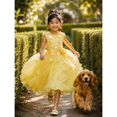 Vestido Infantil Amarelo Rendado Luxo Flores em Aplique Vestido Infantil Amarelo Rendado Luxo Flores em Aplique