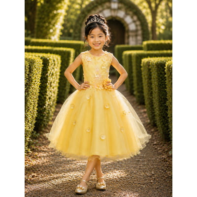 Vestido Infantil Amarelo Rendado Luxo Flores em Aplique