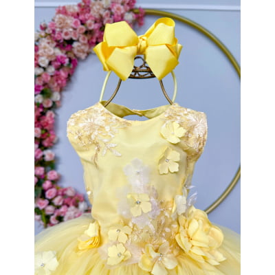 Vestido Infantil Amarelo Rendado Luxo Flores em Aplique